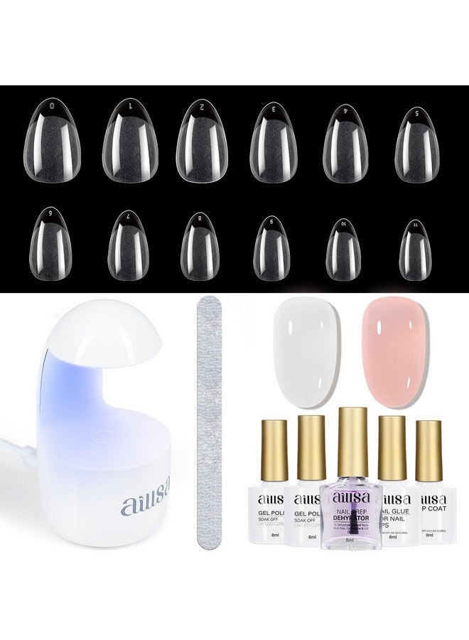 Gel Nail Kit Short Almond Nail Tips 240Pcs With 2 In 1 Nail Glue Base Coat And Nail Dehyrator Soft Gel Full Nail Kit With Nail Lamp Top Coat For Starters Home Salon