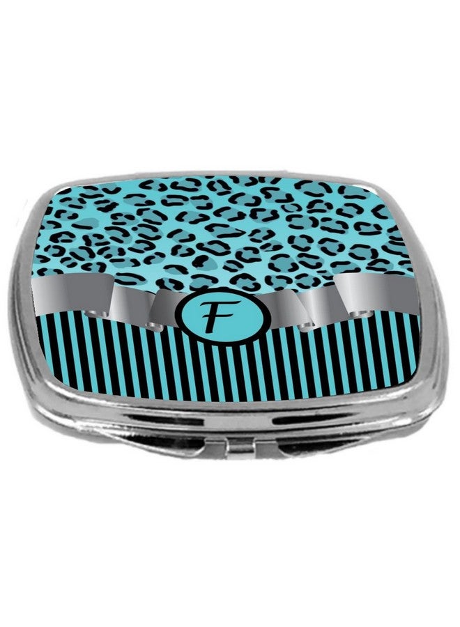 Compact Mirror, Letter F Initial Sky Blue Leopard Stripes Monogram