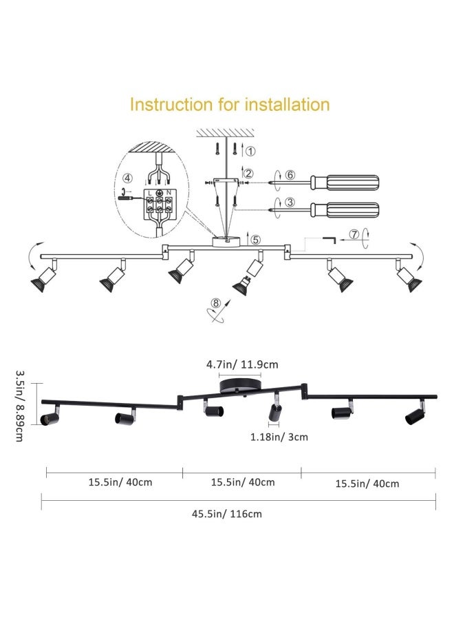 Aiboo  6-Light Adjustable Dimmable Track Lighting Kit Flexible Foldable Arms Matt Black Color Perfect for Kitchen Hallyway Bed Room Lighting Fixture GU10 Base Bulbs not Included