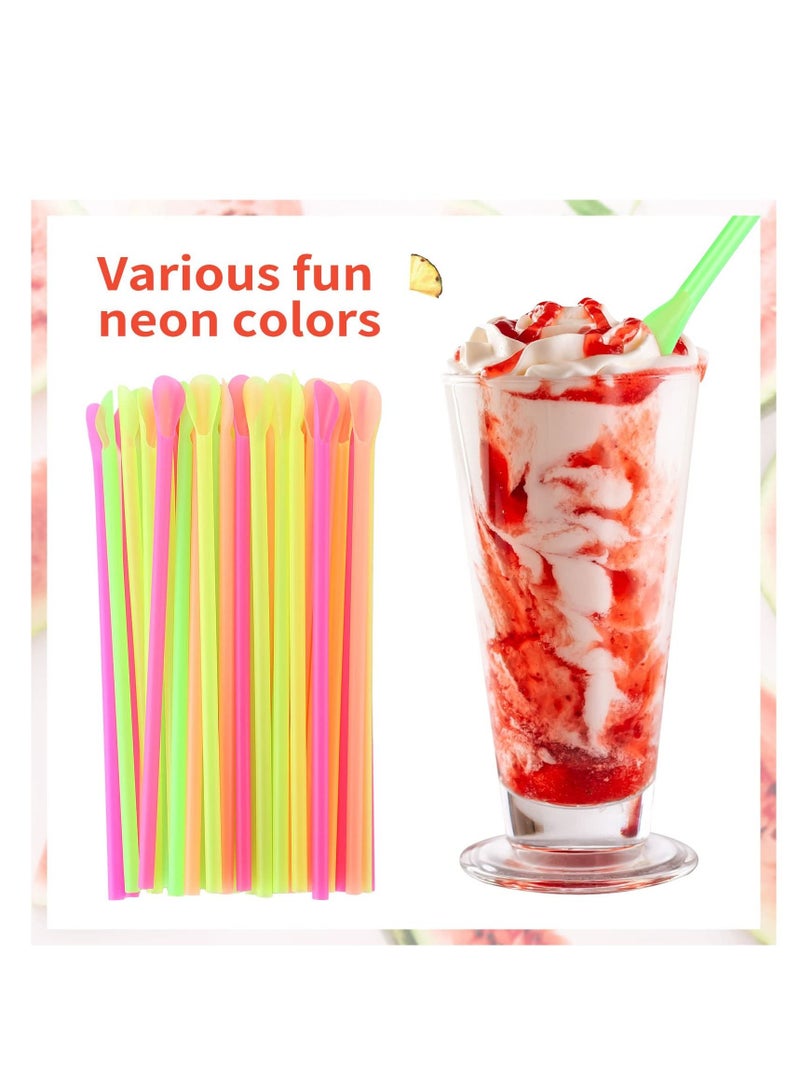 Disposable Long Plastic Straws, 400 Count Assorted Unwrapped Straws, Bright Milkshake Snow Cone Straws Party Decorations(Bright Colors, Spoon Straw)