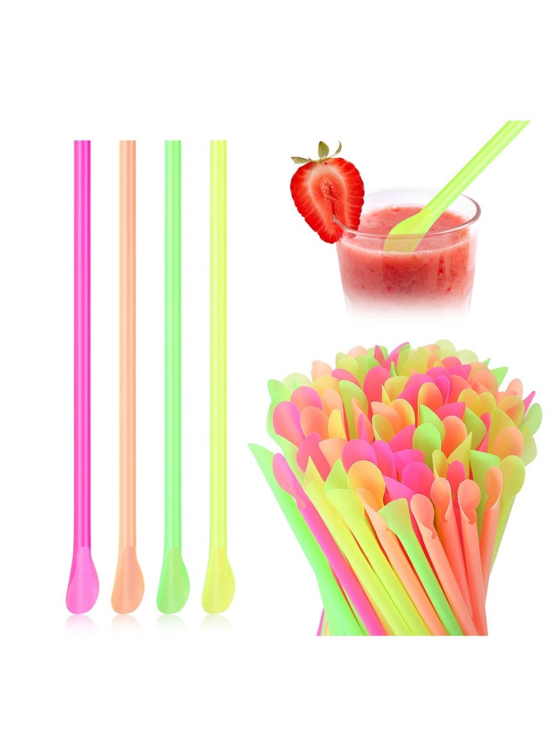 Disposable Long Plastic Straws, 400 Count Assorted Unwrapped Straws, Bright Milkshake Snow Cone Straws Party Decorations(Bright Colors, Spoon Straw)