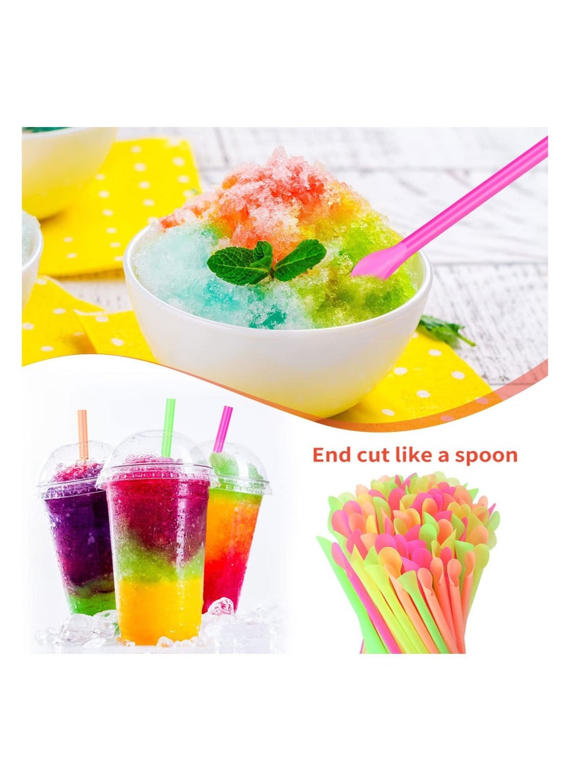 Disposable Long Plastic Straws, 400 Count Assorted Unwrapped Straws, Bright Milkshake Snow Cone Straws Party Decorations(Bright Colors, Spoon Straw)