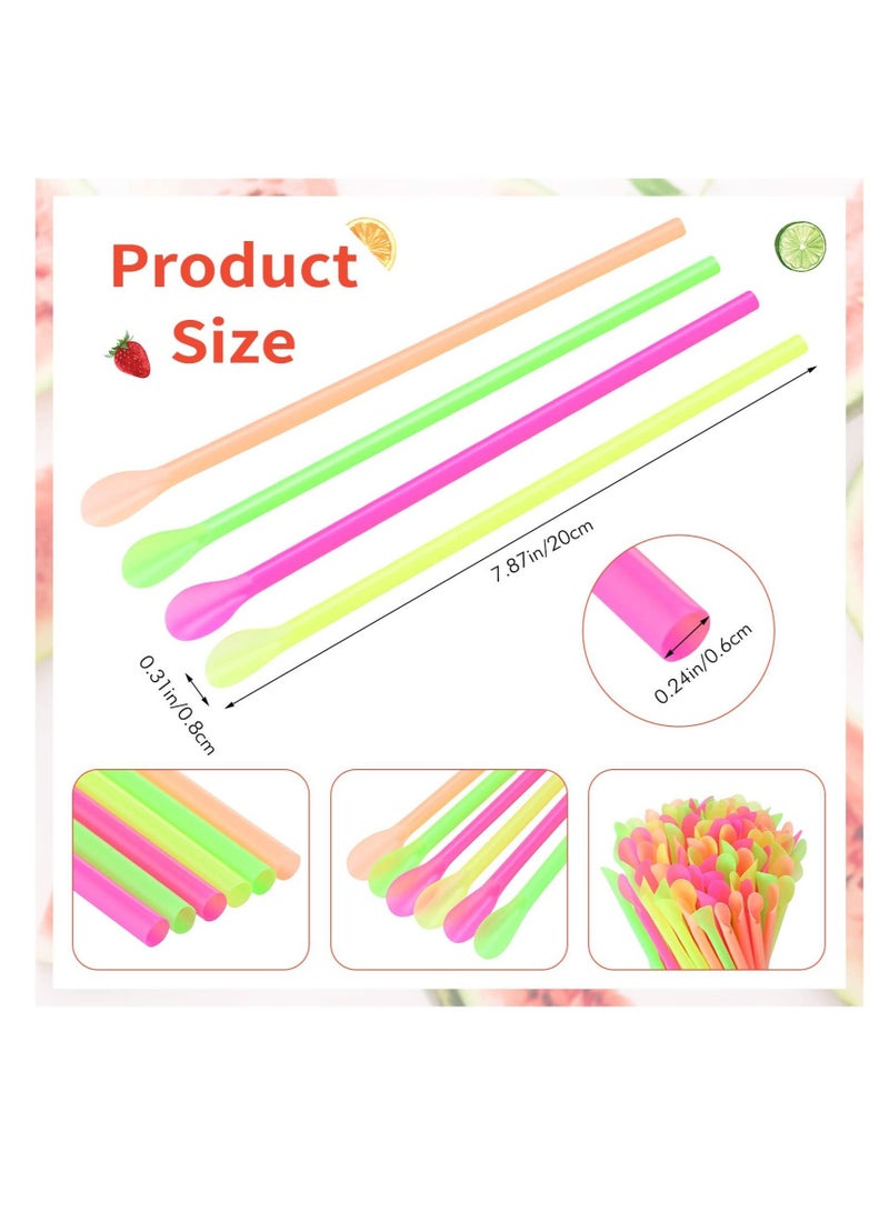 Disposable Long Plastic Straws, 400 Count Assorted Unwrapped Straws, Bright Milkshake Snow Cone Straws Party Decorations(Bright Colors, Spoon Straw)