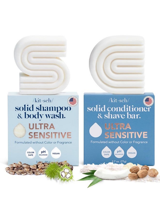 2In1 Ultra Sensitive Shampoo & Body Wash For Sensitive Scalp & Skin & 2In1 Conditioner & Shave Bar For Hair & Body | Made In Us | Vegan Soap Bar | 5 Ingredients | Scent Free | Paraben Free