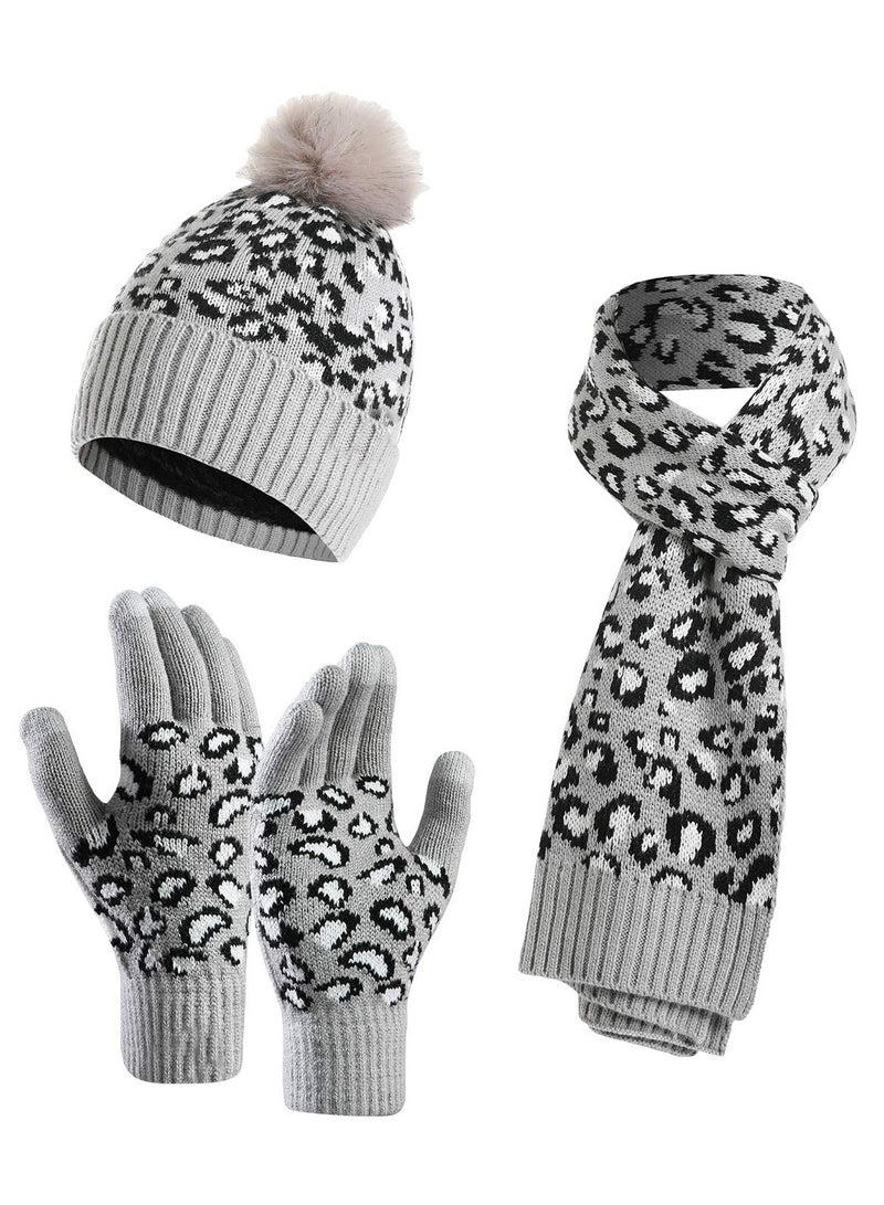 Leopard Print Winter Knit Set - Stylish & Warm Bobble Hat, Scarf, Gloves Combo for Women and Girls - Touchscreen Compatible, Ideal for Outdoor Activities