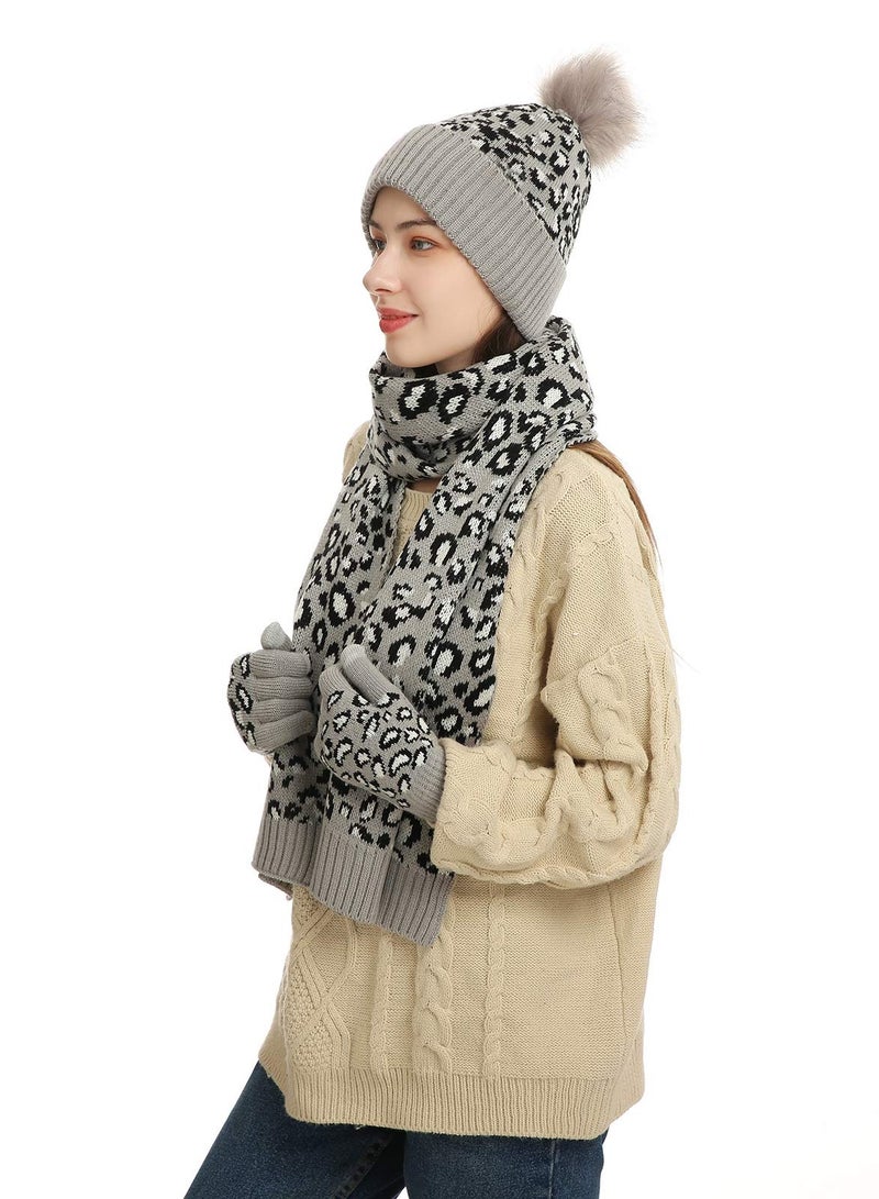 Leopard Print Winter Knit Set - Stylish & Warm Bobble Hat, Scarf, Gloves Combo for Women and Girls - Touchscreen Compatible, Ideal for Outdoor Activities