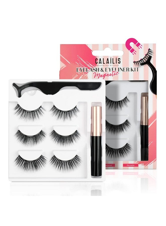 Magnetic Eyelashes For Women,Natural Reusable Magnet Eyelashes 3 Pairs Eyelashes Magnetic With Tweezers& Waterproof Eyeliner(Cy302)