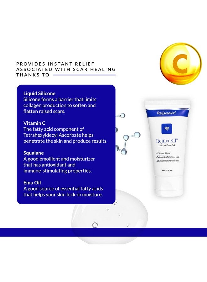 Rejuvasil Silicone Scar Gel Scar Treatment For Surgical Scars For Face, Body, Burn, Keloids, And Acne Scar Silicone Gel For Scars To Reduced The Appearance Of Old & New Scar 30Ml