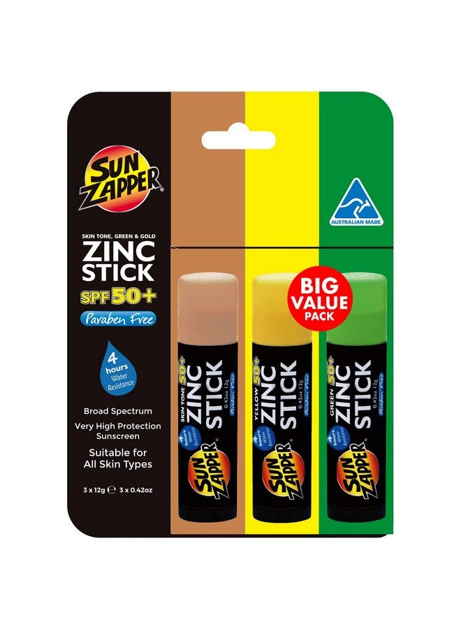 Zinc Oxide Sunscreen Skin Tone Green & Gold Spf 50+ Very High Sun Protection Waterproof Sunblock For Face & Body Adults Kids Baby Travel Stick