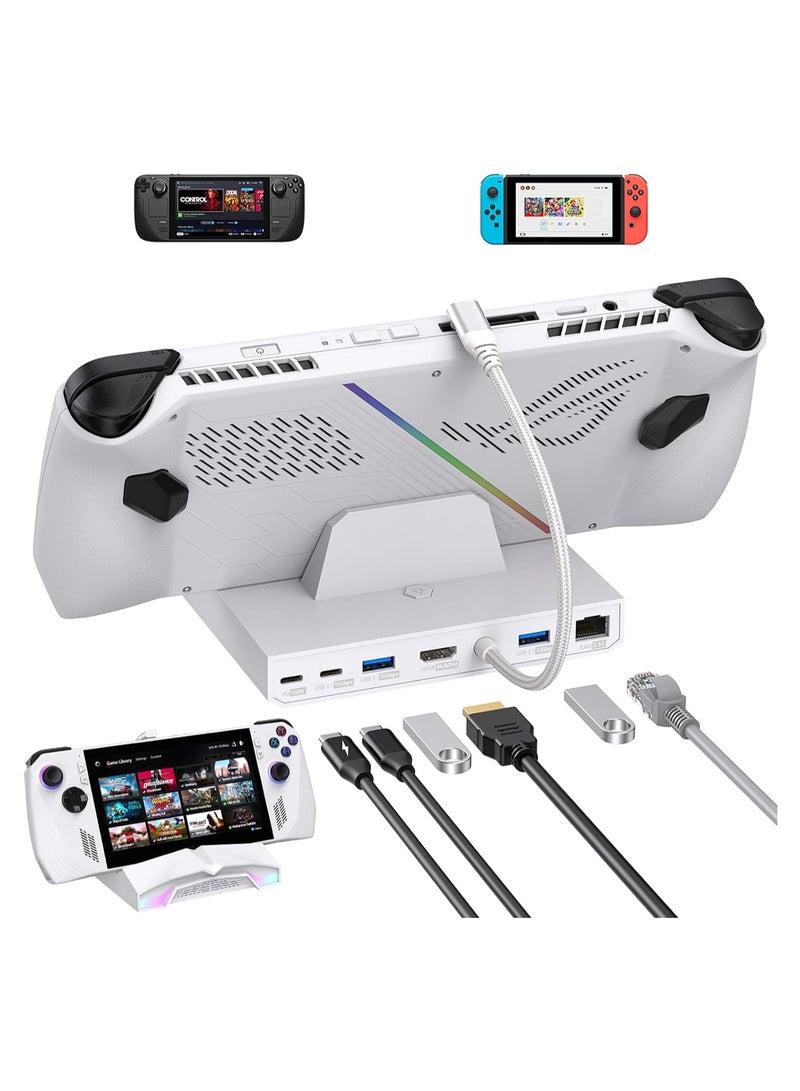 USB C Docking Station for Steam Deck, ROG Ally, Legion Go, Switch, AYANEO, Type-C Gaming Hub with PD Charging 100W, HDMI 2.0 4K@60Hz, RJ45 2.5Gbps, Three USB3.1 10Gbps, and RGB Light