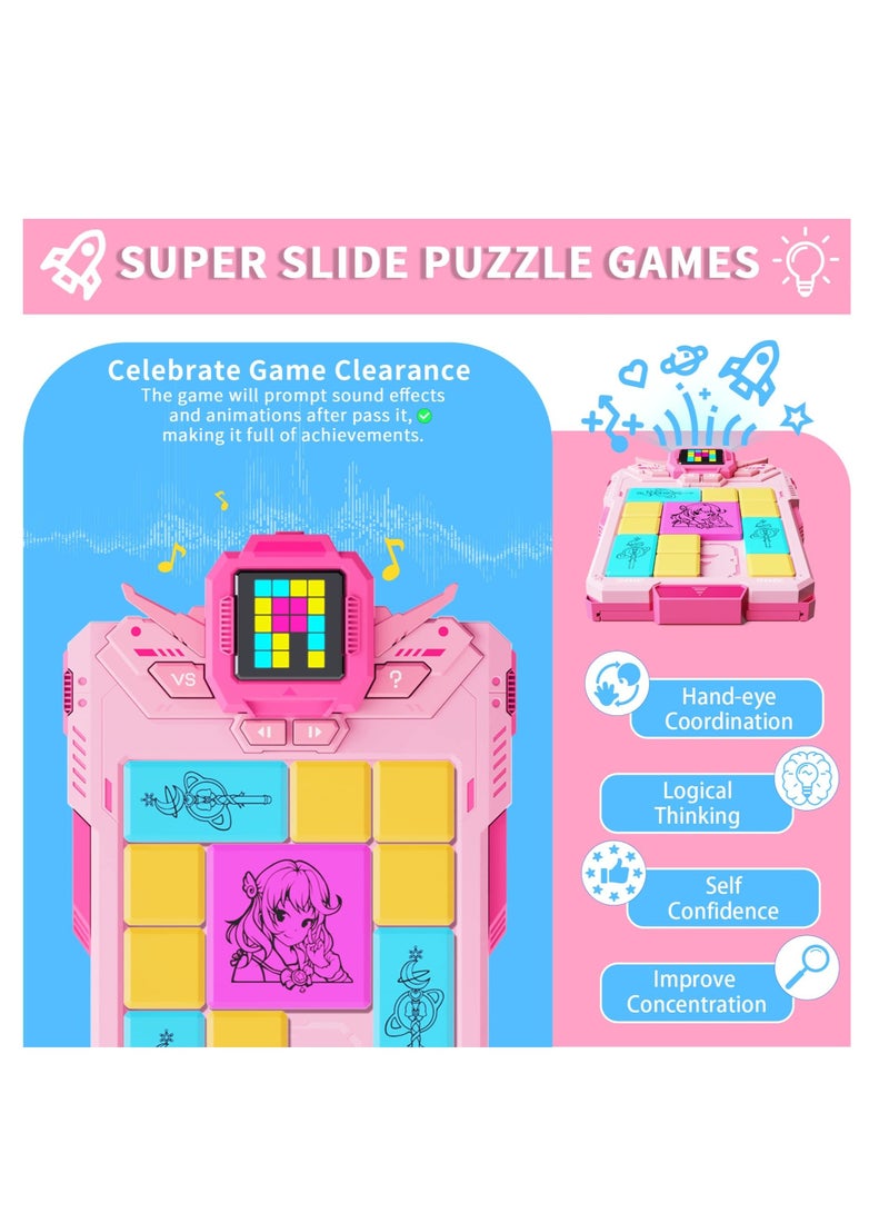 Super Slide Puzzle Games with 1500+ Challenges, Huarong Road Digital Sliding Puzzle, Brain Teaser Puzzle, STEM Toys for Kids, Teens, Travel Games Birthday for Boys Girls (Pink)