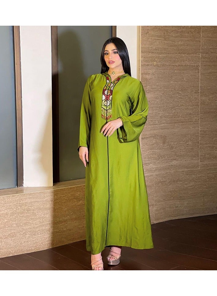 Jalabiya Fresh Green Luxury Handmade Tassels Long Robe