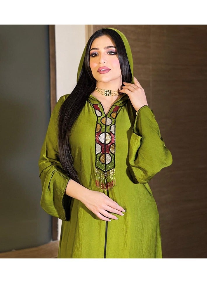 Jalabiya Fresh Green Luxury Handmade Tassels Long Robe