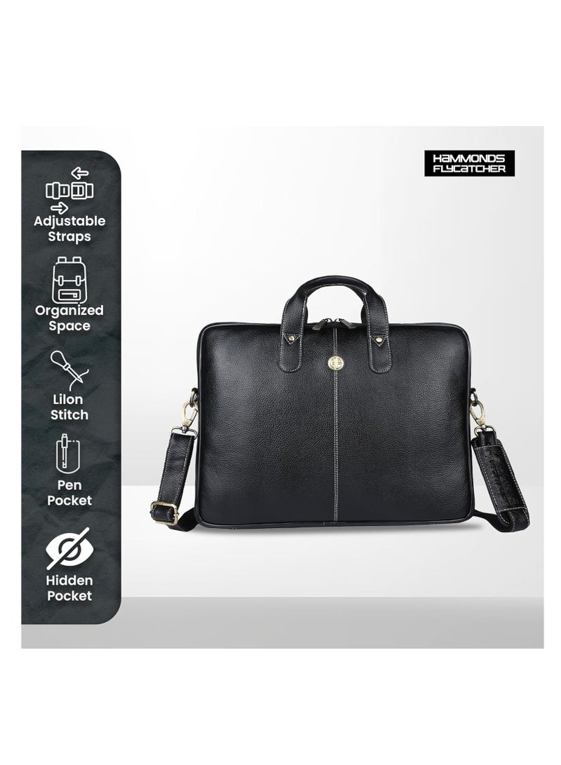 Leather Laptop Bag for Men - Office Bag, Black Color - Fits Up to 14/15.6 Inch Laptop/MacBook - Laptop Messenger Bags/Leather Bag for Men with Adjustable Shoulder Strap