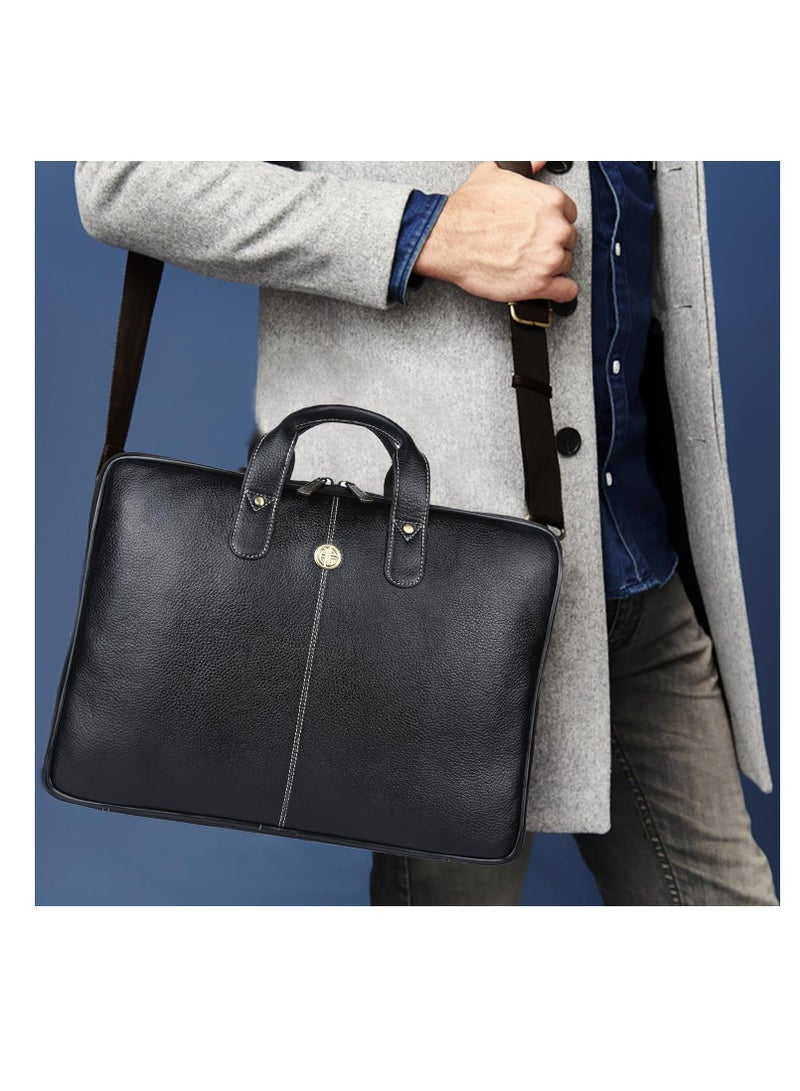Leather Laptop Bag for Men - Office Bag, Black Color - Fits Up to 14/15.6 Inch Laptop/MacBook - Laptop Messenger Bags/Leather Bag for Men with Adjustable Shoulder Strap