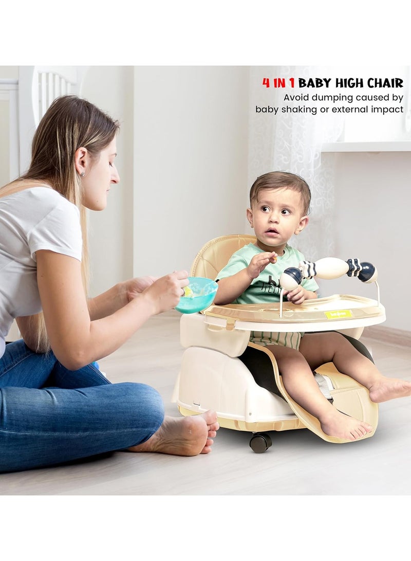 4-In-1 Nora Convertible High Chair For Kids With Adjustable Height And Footrest, Toddler Feeding Booster Seat And Tray Safety Belt - Beige