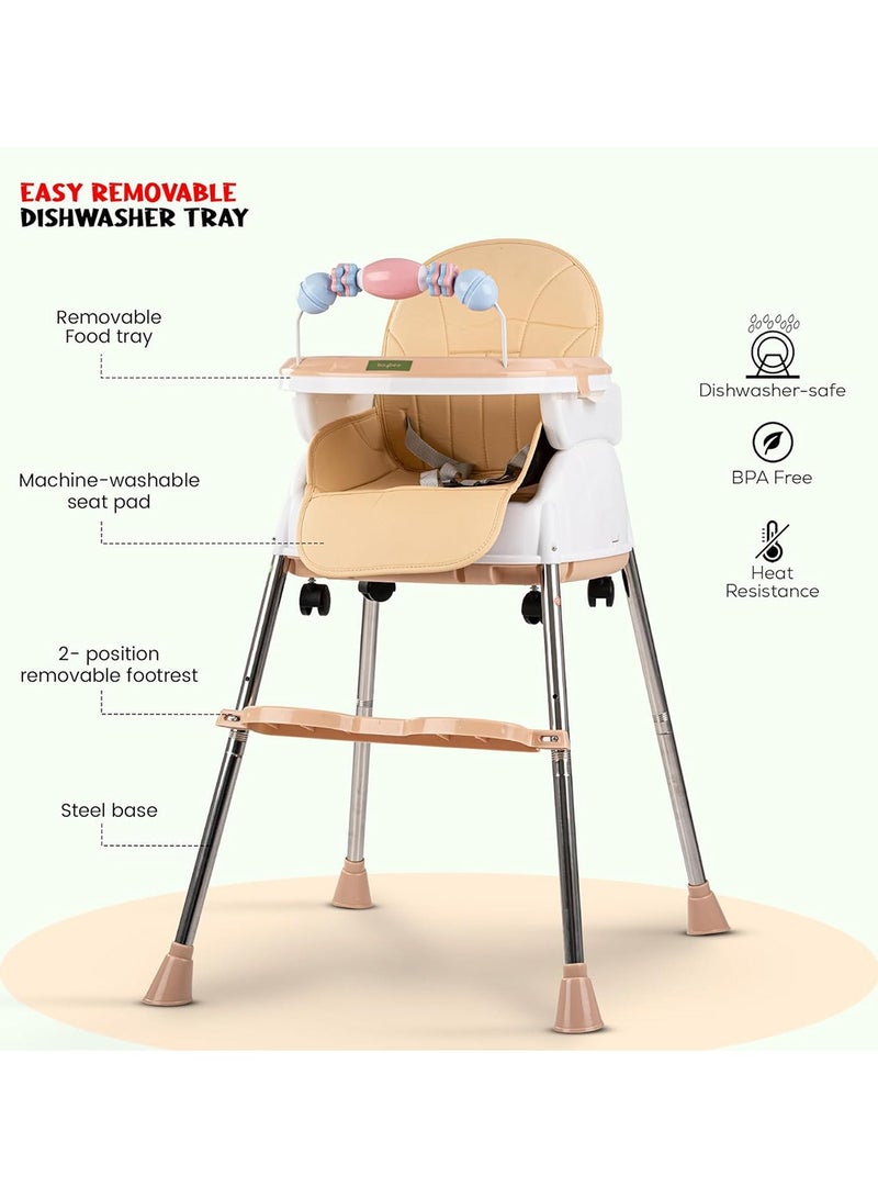 4-In-1 Nora Convertible High Chair For Kids With Adjustable Height And Footrest, Toddler Feeding Booster Seat And Tray Safety Belt - Beige