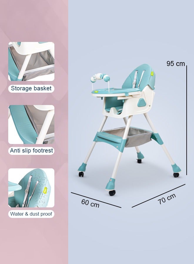 Convertible Baby High Chair for Kids with Adjustable Height and Footrest, Baby Feeding Booster Seat with Tray, Wheels, Safety Belt and Cushion For Toddler 6 Months to 4 Years