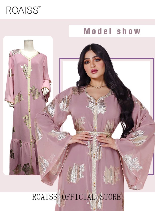 Women Luxury V-neck Bronzing Chiffon Robe Maxi Dresses with Lining Exclusive Styles Modern Stylish Abaya Middle East Arabic Banquet Wedding Party Dress Women's Festival Clothing Pink