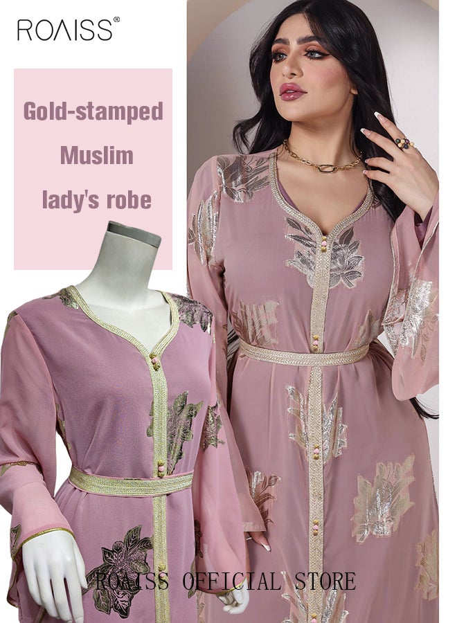 Women Luxury V-neck Bronzing Chiffon Robe Maxi Dresses with Lining Exclusive Styles Modern Stylish Abaya Middle East Arabic Banquet Wedding Party Dress Women's Festival Clothing Pink