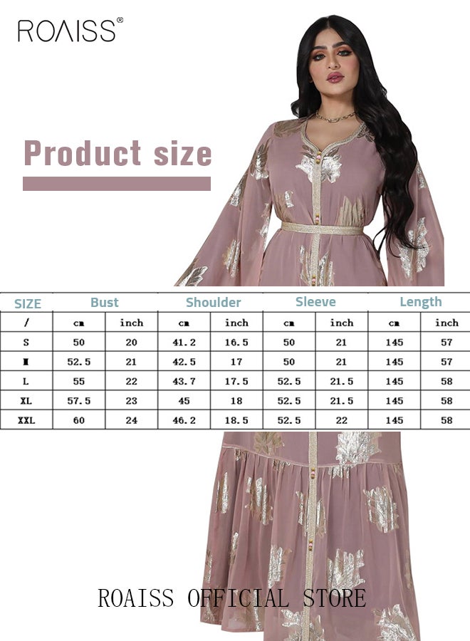 Women Luxury V-neck Bronzing Chiffon Robe Maxi Dresses with Lining Exclusive Styles Modern Stylish Abaya Middle East Arabic Banquet Wedding Party Dress Women's Festival Clothing Pink