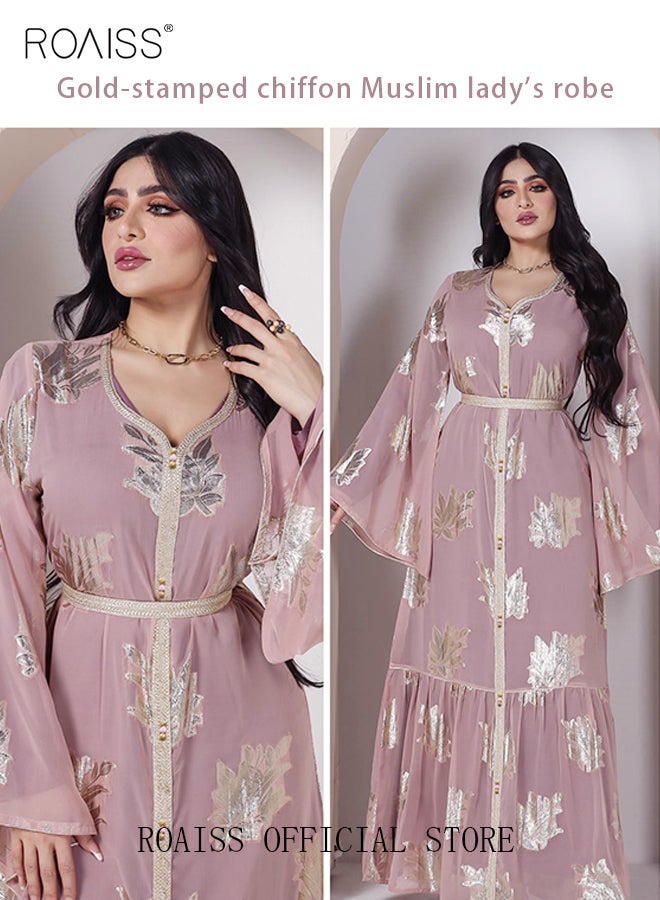 Women Luxury V-neck Bronzing Chiffon Robe Maxi Dresses with Lining Exclusive Styles Modern Stylish Abaya Middle East Arabic Banquet Wedding Party Dress Women's Festival Clothing Pink