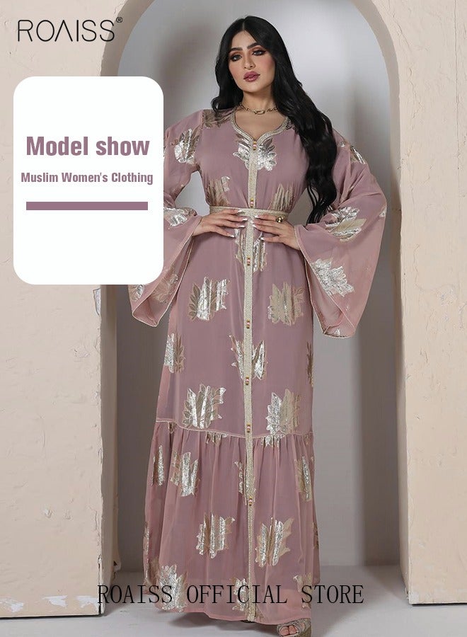 Women Luxury V-neck Bronzing Chiffon Robe Maxi Dresses with Lining Exclusive Styles Modern Stylish Abaya Middle East Arabic Banquet Wedding Party Dress Women's Festival Clothing Pink