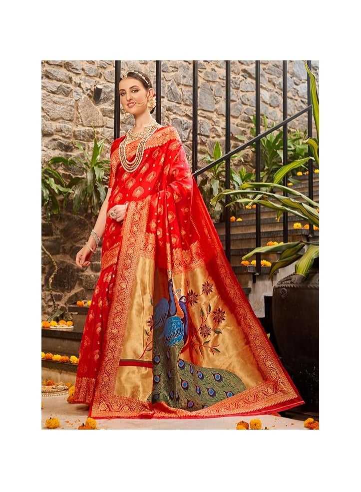 Women's Paithani Silk Blend Woven Saree With Blouse Piece