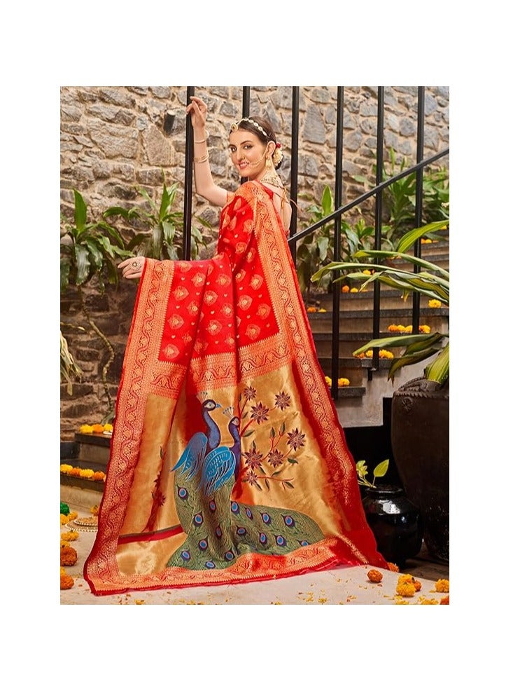 Women's Paithani Silk Blend Woven Saree With Blouse Piece