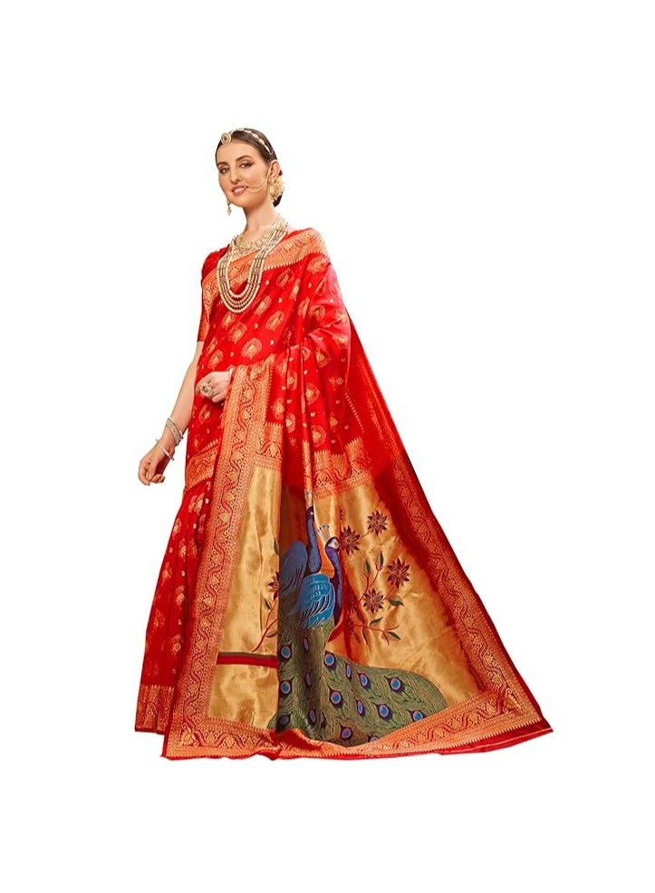 Women's Paithani Silk Blend Woven Saree With Blouse Piece