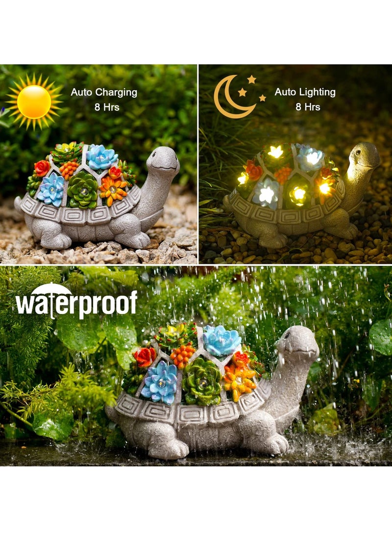 Solar Garden Outdoor Statues Turtle with Succulent and 7 LED Lights Lawn Decor Tortoise Statue for Patio Balcony Yard Ornament