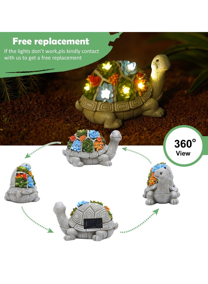 Solar Garden Outdoor Statues Turtle with Succulent and 7 LED Lights Lawn Decor Tortoise Statue for Patio Balcony Yard Ornament