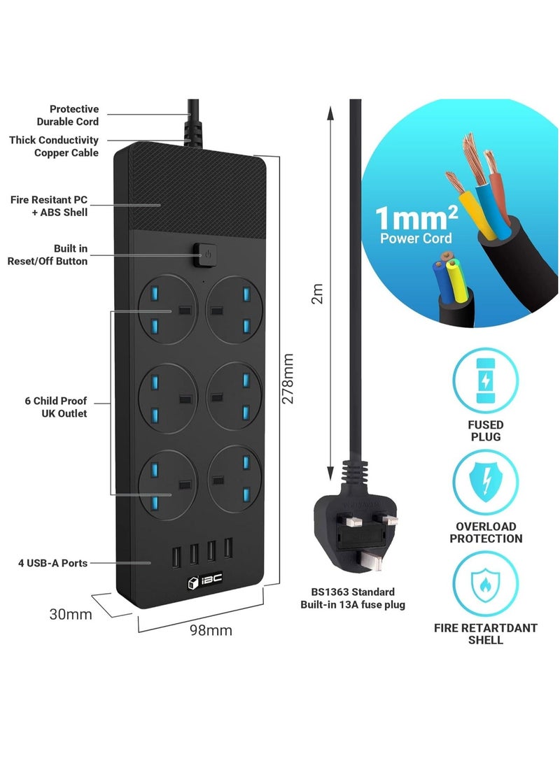 Extension Lead 2M/6.5FT, with 4 (2.1A) USB Slots, 6 Gang Electrical Sockets & Built-in Fuse, Surge & Shutter Protected Wall Mount Extension Cable, Black