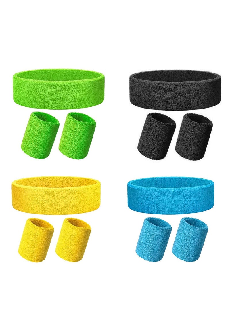 Wristbands Headbands Sweat Bands Set, 4 Pieces Sweat Bands Wristbands Absorbent Wrist Band, Colorful Cotton Sweatband Set for Gym Sports Tennis Running Exercise Basketball Working Out