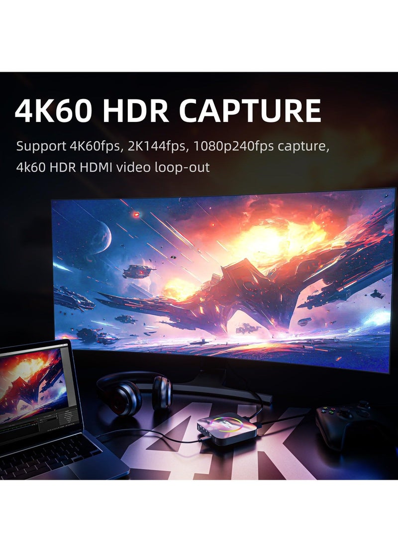 4K60 Game Video Capture Card, USB 3.2 Flagship Level 1080P 240 FPS & HDR VRR Passthrough, Near-Zero Latency, Plug & Play, Record & Perfect Match with Switch/PS5/Xbox/OBS/DSLR/PC