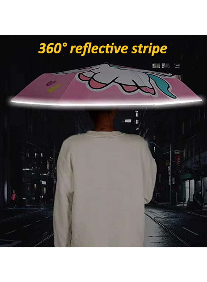 Kids Folding Umbrella, Cartoon Travel Umbrella with Reflective Stripe,Wind Resistant and Anti-UV, Strong, Portable, Auto Open/Close, Durable Compact Design, Lightweight Umbrella for Girls