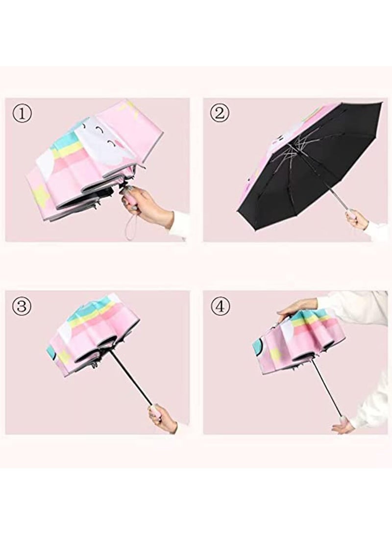 Kids Folding Umbrella, Cartoon Travel Umbrella with Reflective Stripe,Wind Resistant and Anti-UV, Strong, Portable, Auto Open/Close, Durable Compact Design, Lightweight Umbrella for Girls