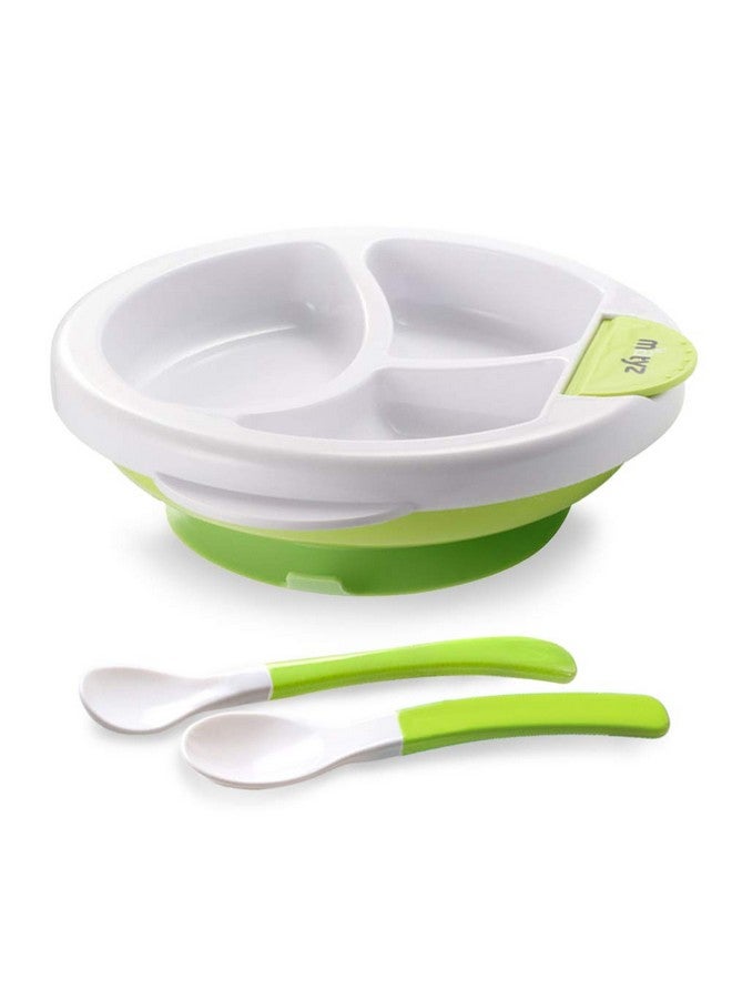 Baby Feeding Suction Warm Plate With Draining And Drying Design Stay Put Divided Plate For Kids Including 1 Toddler Plate And 2 Spoons Microwave & Dishwasher Safe (Green)