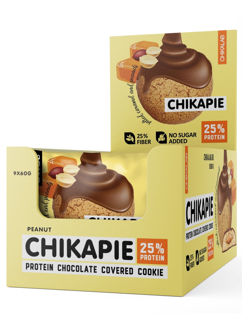 CHIKAPIE Protein Chocolate Covered Cookie with Salted Caramel and Peanuts Filling No Sugar Added 9x60g