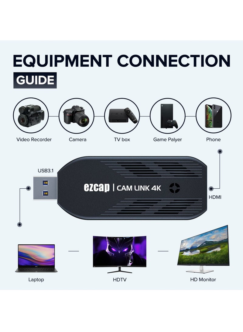 4K Video Capture Card, Cam Link HDMI to USB 3.0, Full HD 4K30/1080p120, Low-Latency Capture for Gaming, Streaming, Live Broadcast, Online Teaching, Conference