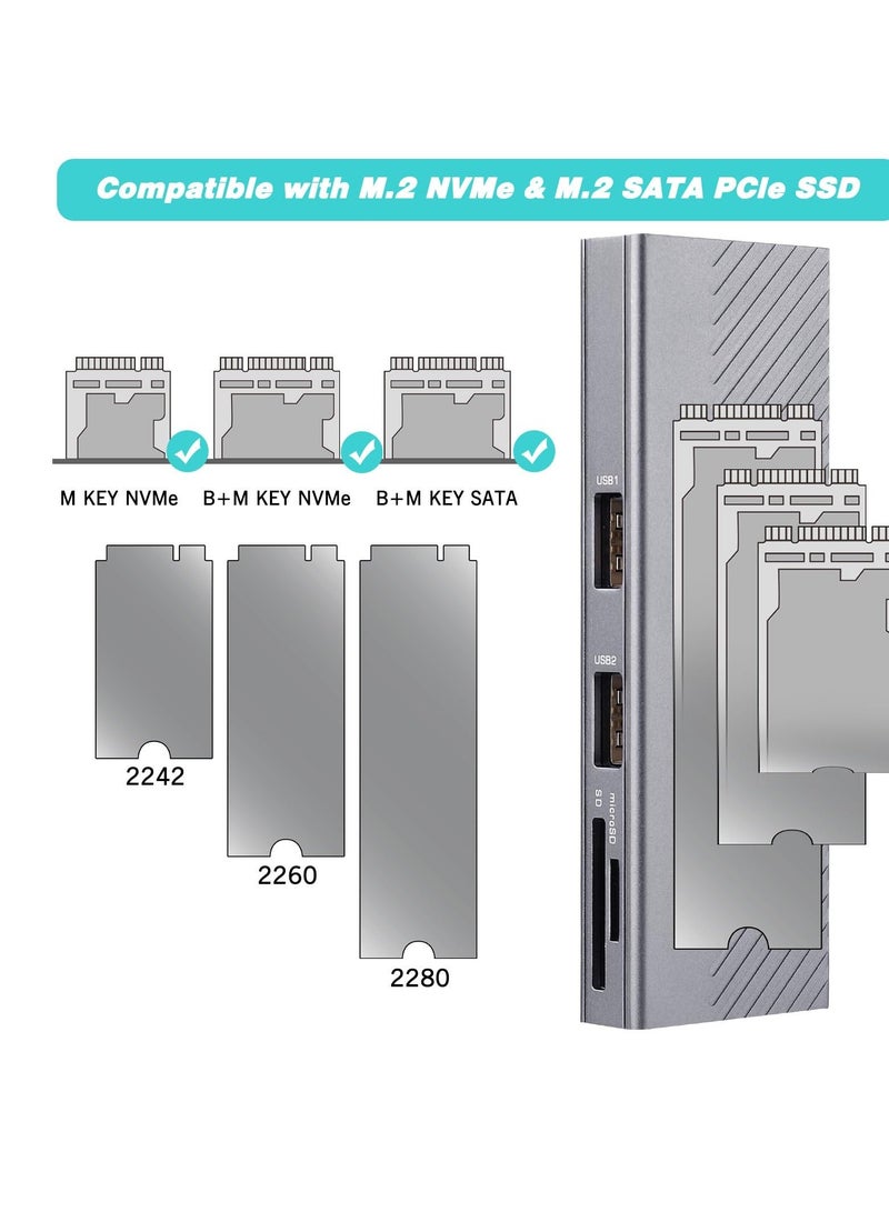 NVMe Enclosure, Suspendable FARBOKO M.2 Enclosure USB3.2/ USB3.1 Gen2 10Gbps with 2 USB2.0 Ports & SD/TF Card Reader for M.2 NVMe/SATA SSD in 2242/2260/2280