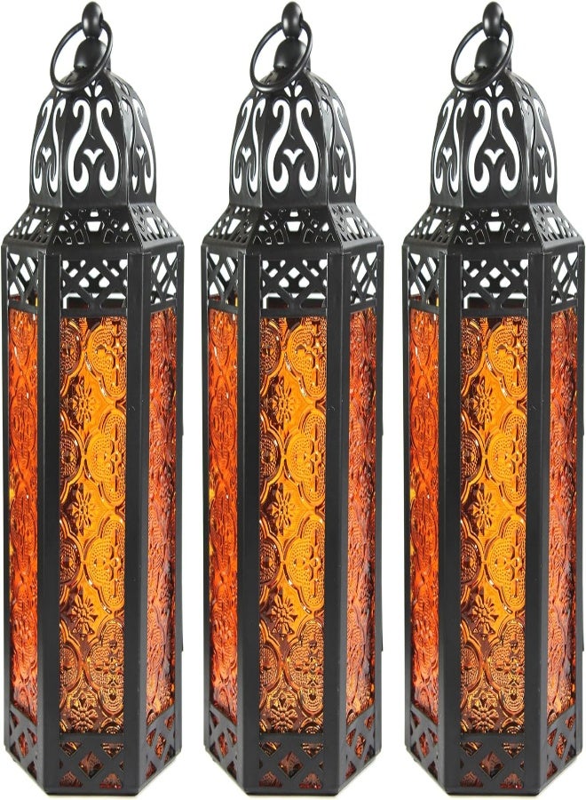 Vela Lanterns 3Pk Decorative Moroccan Candle Lantern Holder For Decor, Amber Glass, Medium