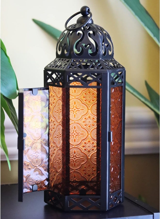 Vela Lanterns 3Pk Decorative Moroccan Candle Lantern Holder For Decor, Amber Glass, Medium