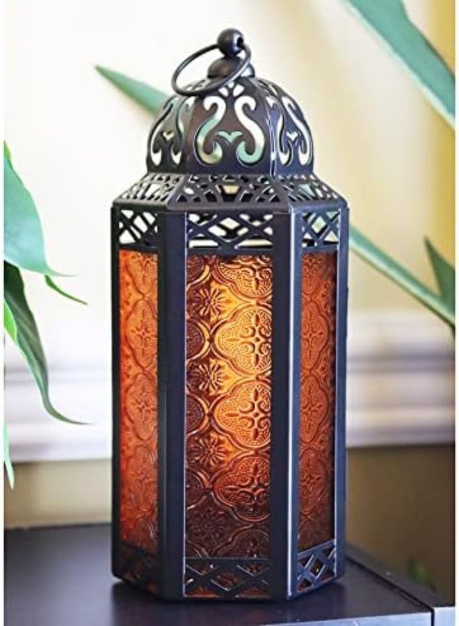 Vela Lanterns 3Pk Decorative Moroccan Candle Lantern Holder For Decor, Amber Glass, Medium