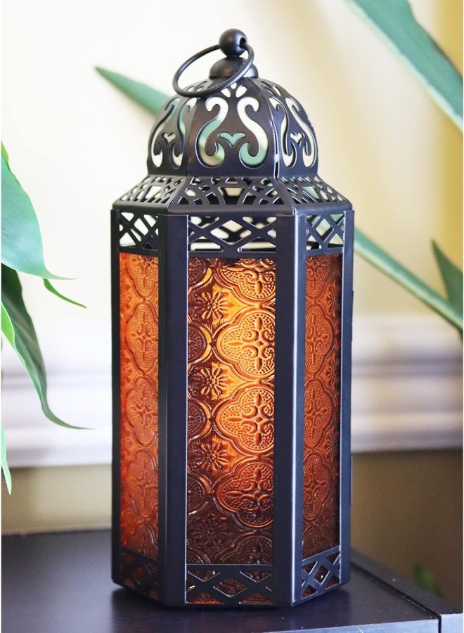 Vela Lanterns 3Pk Decorative Moroccan Candle Lantern Holder For Decor, Amber Glass, Medium