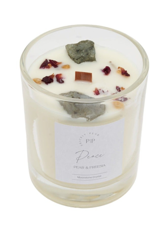 Prickly Pear Moonstone Crystal 'Peace' Candle, 100% Natural Soy Wax with Authentic Crystals, Comes in Glass Vessel with a burn time of 45 Hrs, 200g