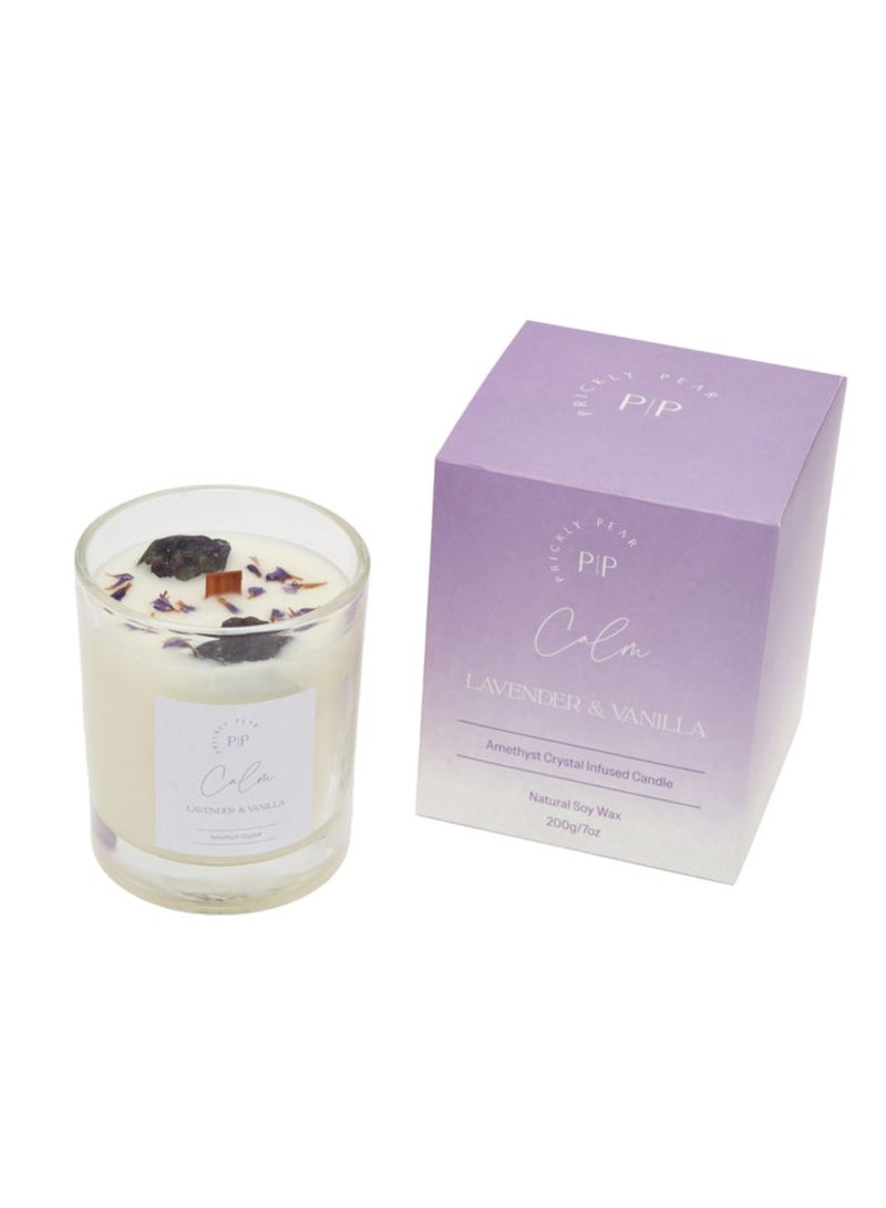 Prickly Pear Amethyst Crystal 'Calm' Candle, 100% Natural Soy Wax with Authentic Crystals, Comes in Glass Vessel with a burn time of 45 Hrs, 200g