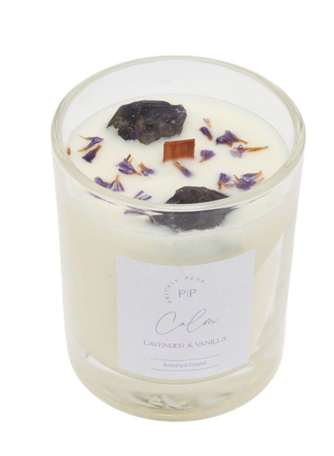 Prickly Pear Amethyst Crystal 'Calm' Candle, 100% Natural Soy Wax with Authentic Crystals, Comes in Glass Vessel with a burn time of 45 Hrs, 200g