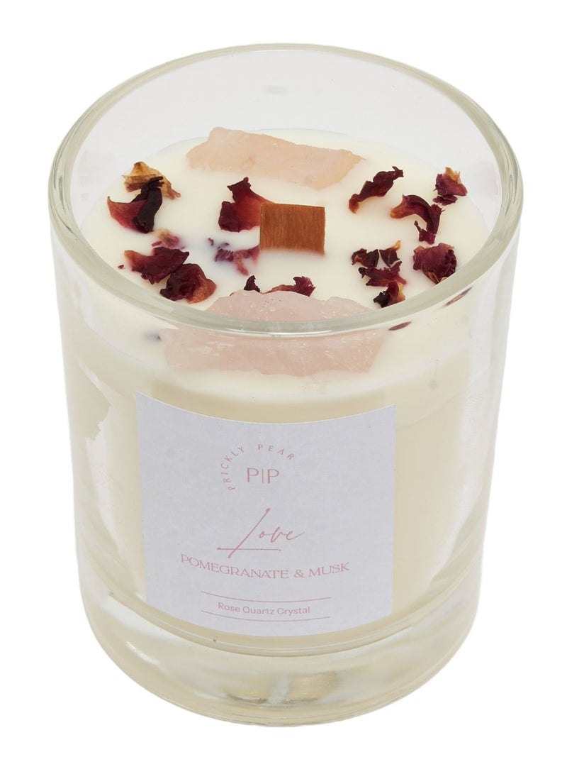 Prickly Pear Rose Quartz Crystal 'Love' Candle, 100% Natural Soy Wax with Authentic Crystals, Comes in Glass Vessel with a burn time of 45 Hrs, 200g