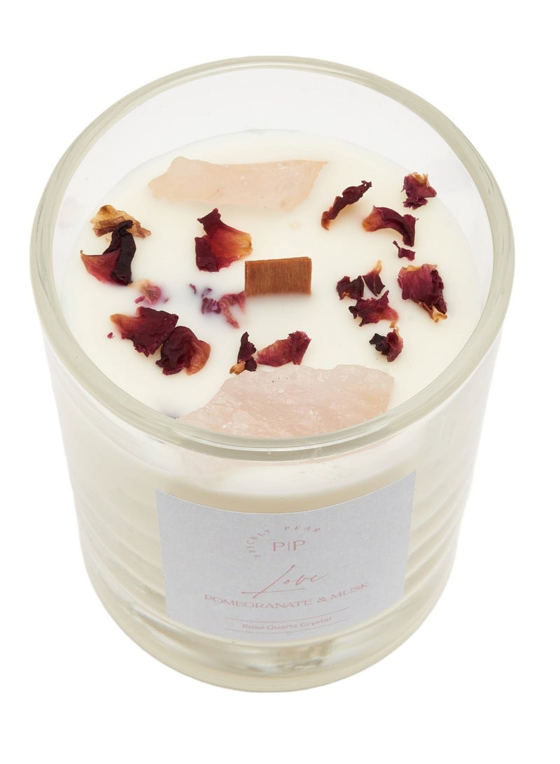 Prickly Pear Rose Quartz Crystal 'Love' Candle, 100% Natural Soy Wax with Authentic Crystals, Comes in Glass Vessel with a burn time of 45 Hrs, 200g